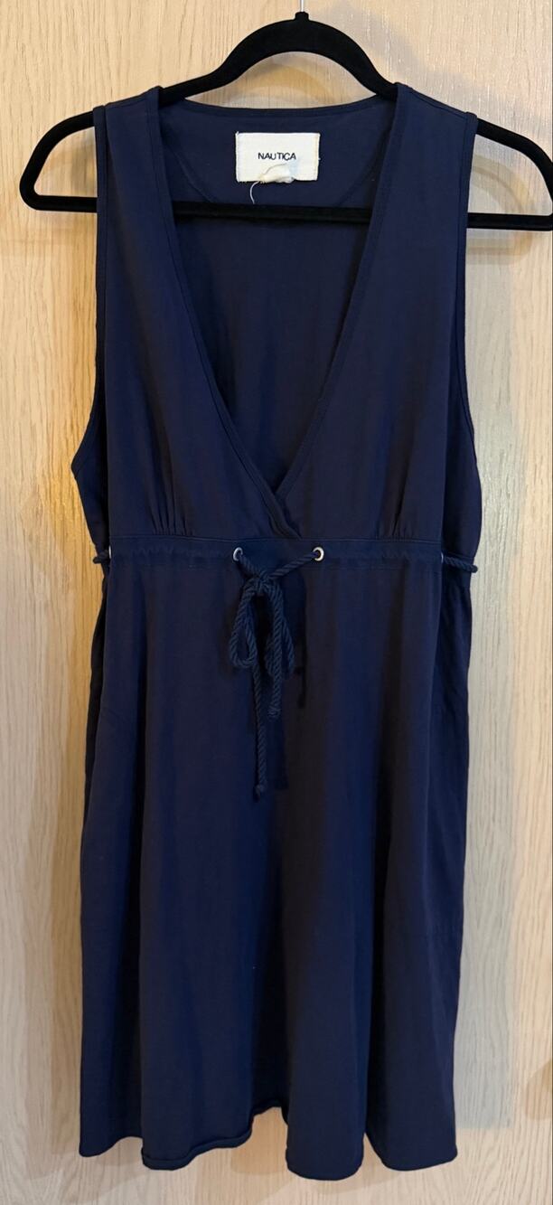 Nautica Navy Blue Cotton Sleeveless V Neck Tie Waist Dress Large Pockets
